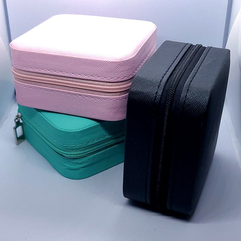 Black Travel Jewelry Box Faux Leather Zipper Organizer Case Mini Portable Square - Picture 2 of 5